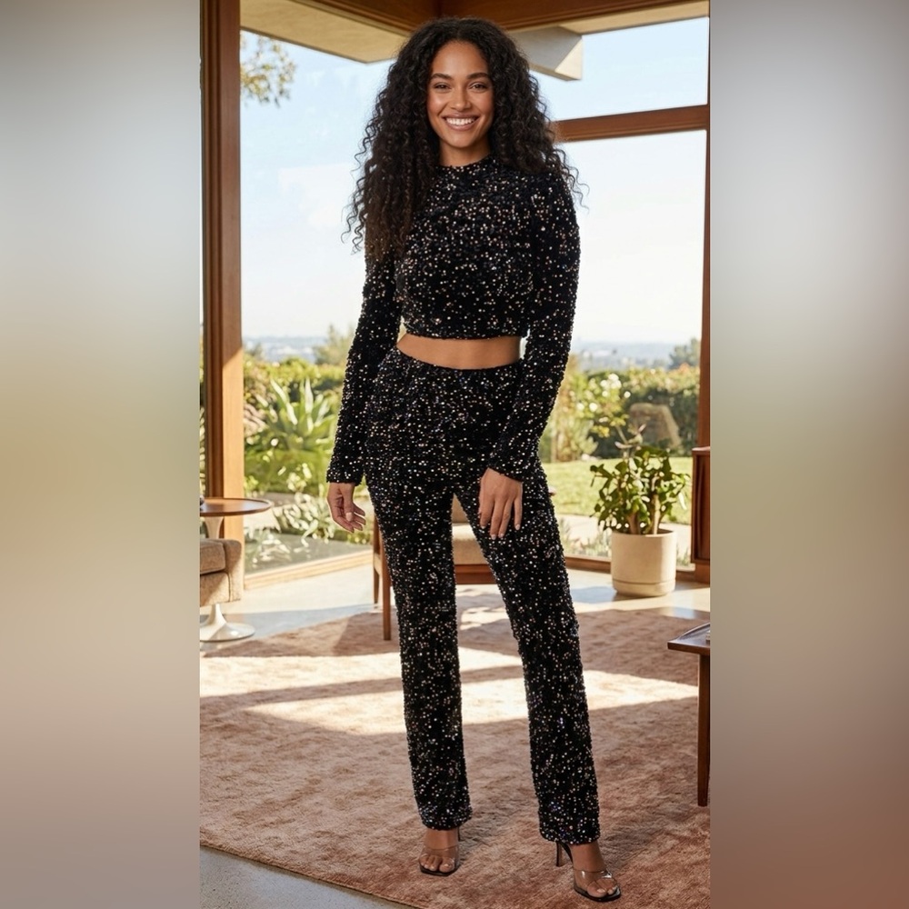 Black Velvet Sequin Crop Top and Pant Set - NWT